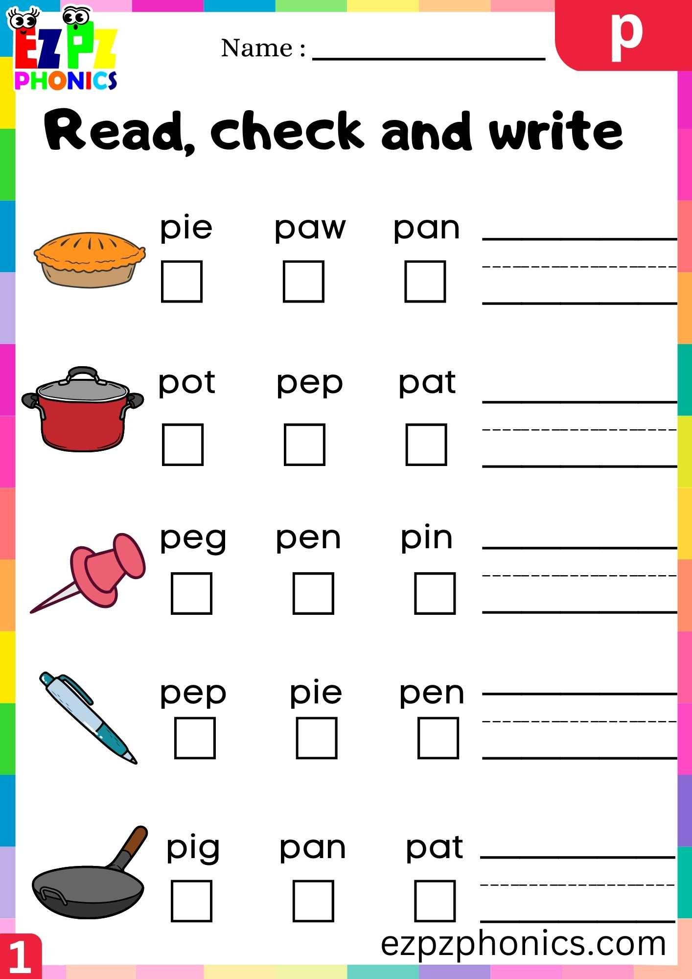 Letter P Read, Check And Write Beginning Sounds Worksheet